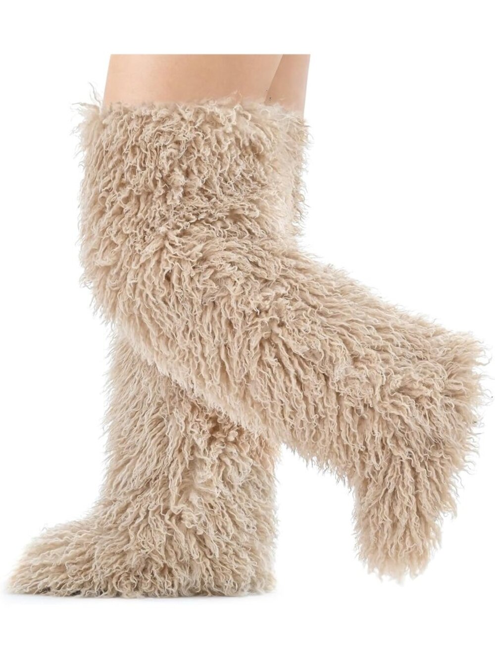 Women's Khaki Faux Fur Flat Stretch Over The Knee Furry Thigh High Boots